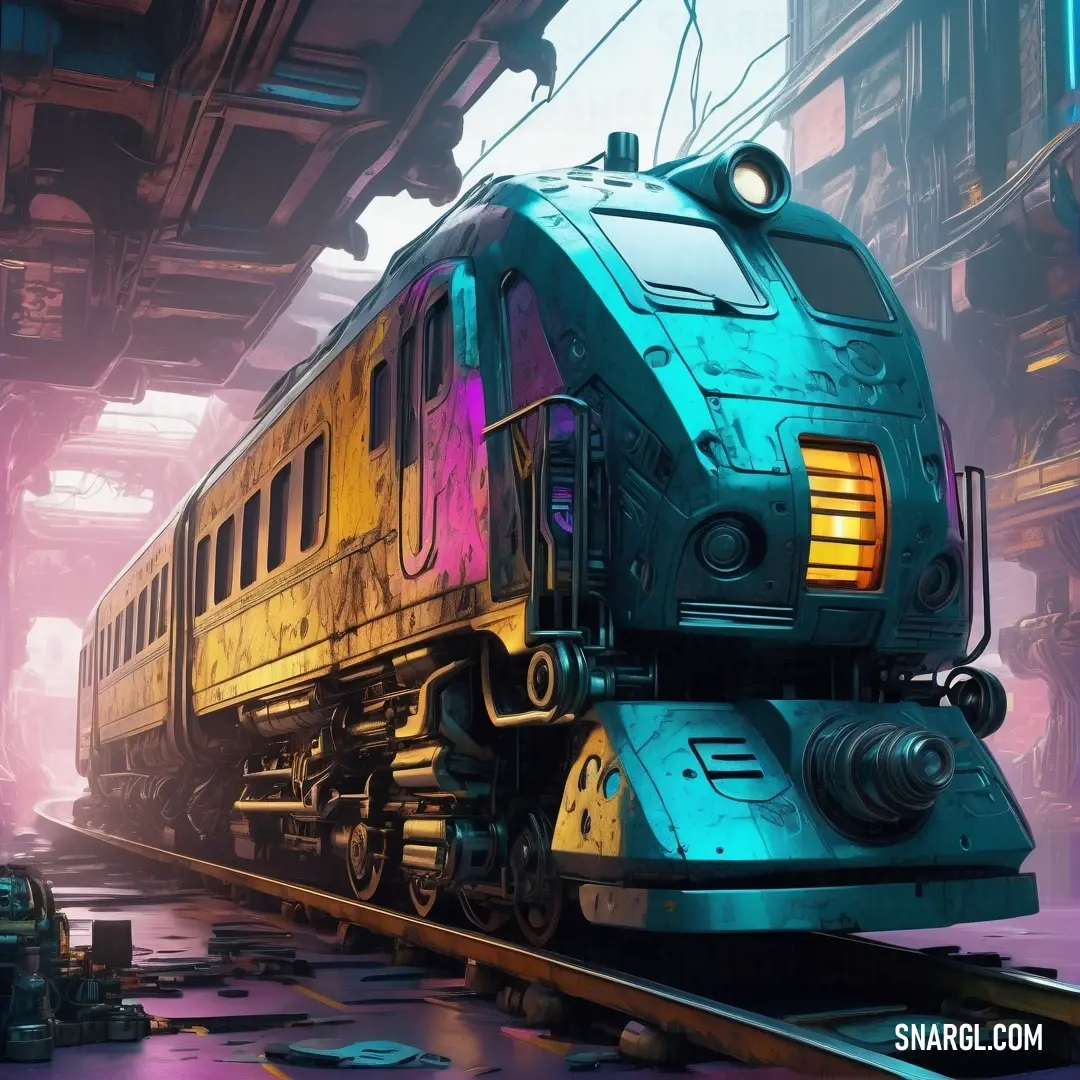 Train is on a train track in a city with buildings and a man standing next to it. Color RGB 22,102,111.