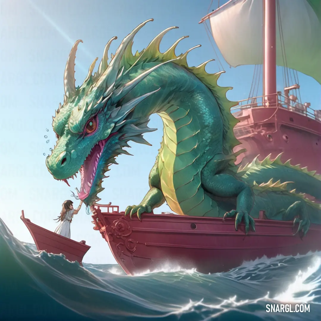 Dragon is on a boat in the water with a man in a boat in front of it and a boat in the water. Color RGB 67,98,92.