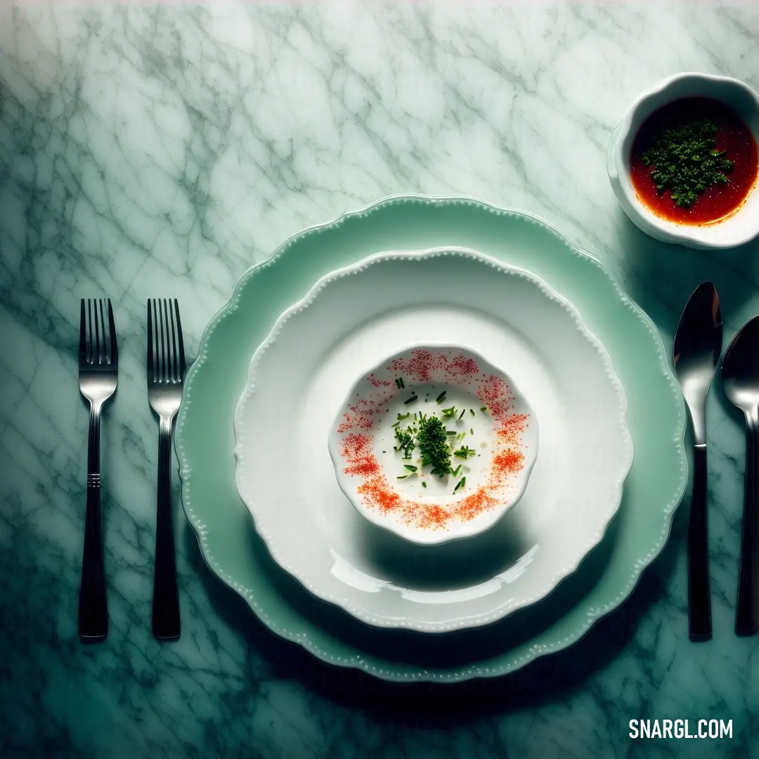 Plate with a small bowl of food on it next to a fork and spoons on a marble table. Color CMYK 66,24,43,66.