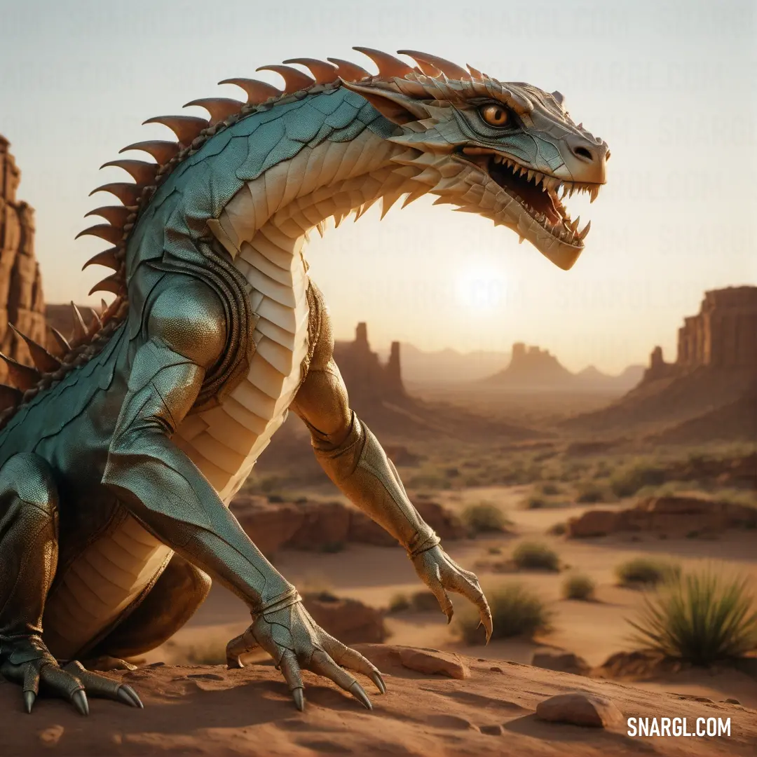 Statue of a dragon in the desert at sunset or dawn with a mountain in the background. Example of #43625C color.