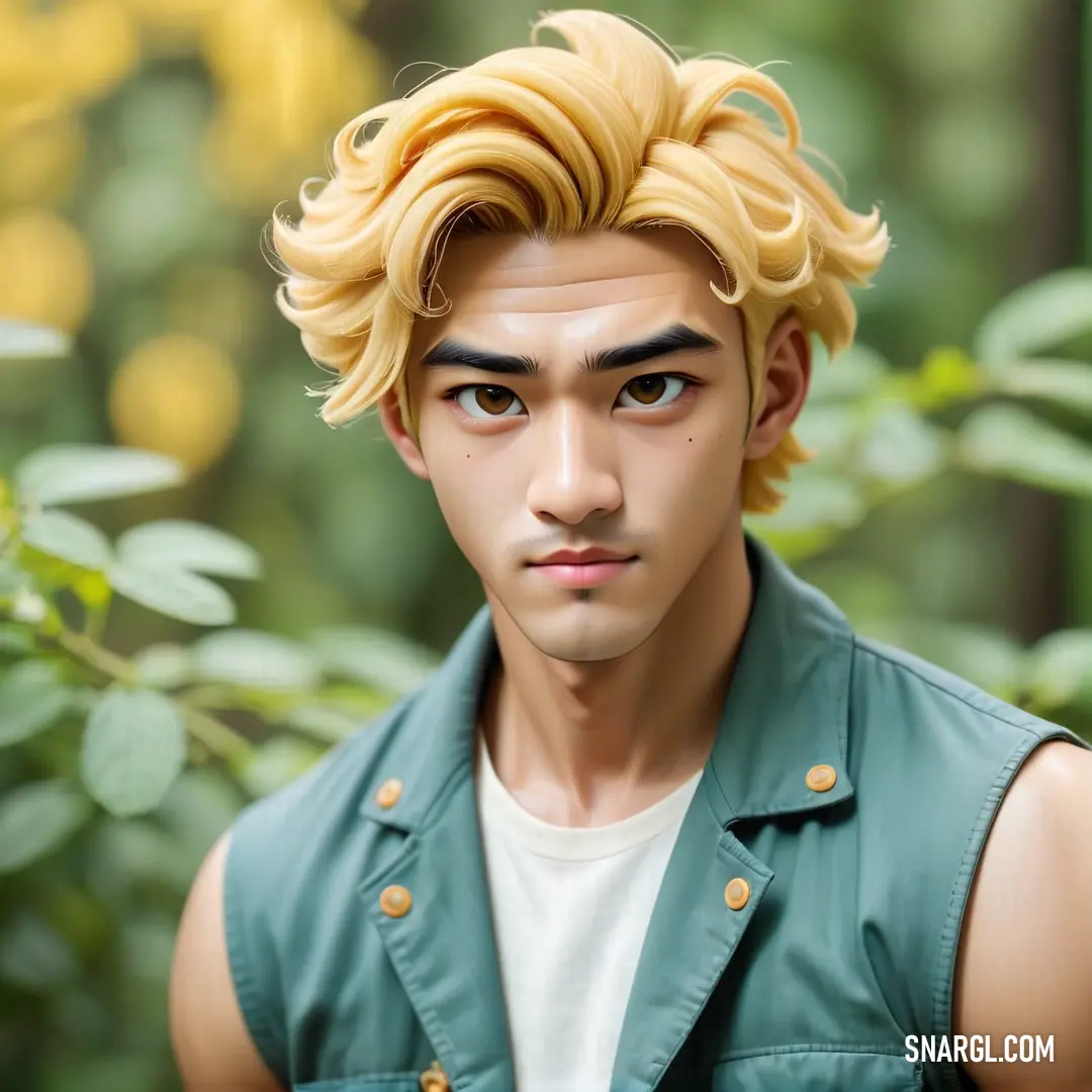 Man with blonde hair and a green vest on a tree branch with leaves in the background. Color CMYK 65,11,25,27.