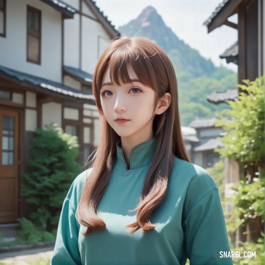 Woman with long hair standing in front of a house with mountains in the background. Color PANTONE 5483.