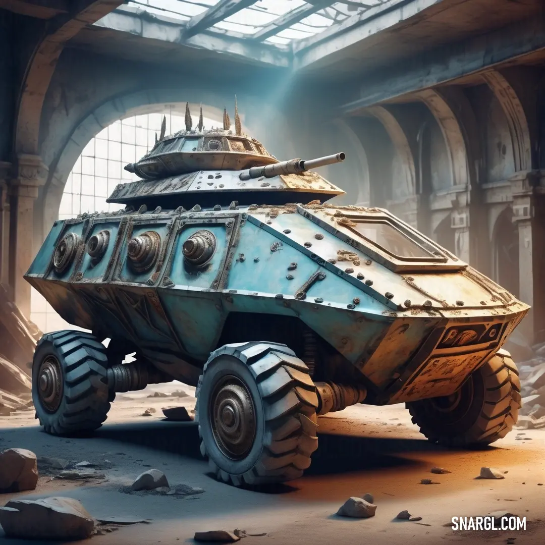 Futuristic vehicle is parked in a large building with a skylight above it. Color PANTONE 5487.