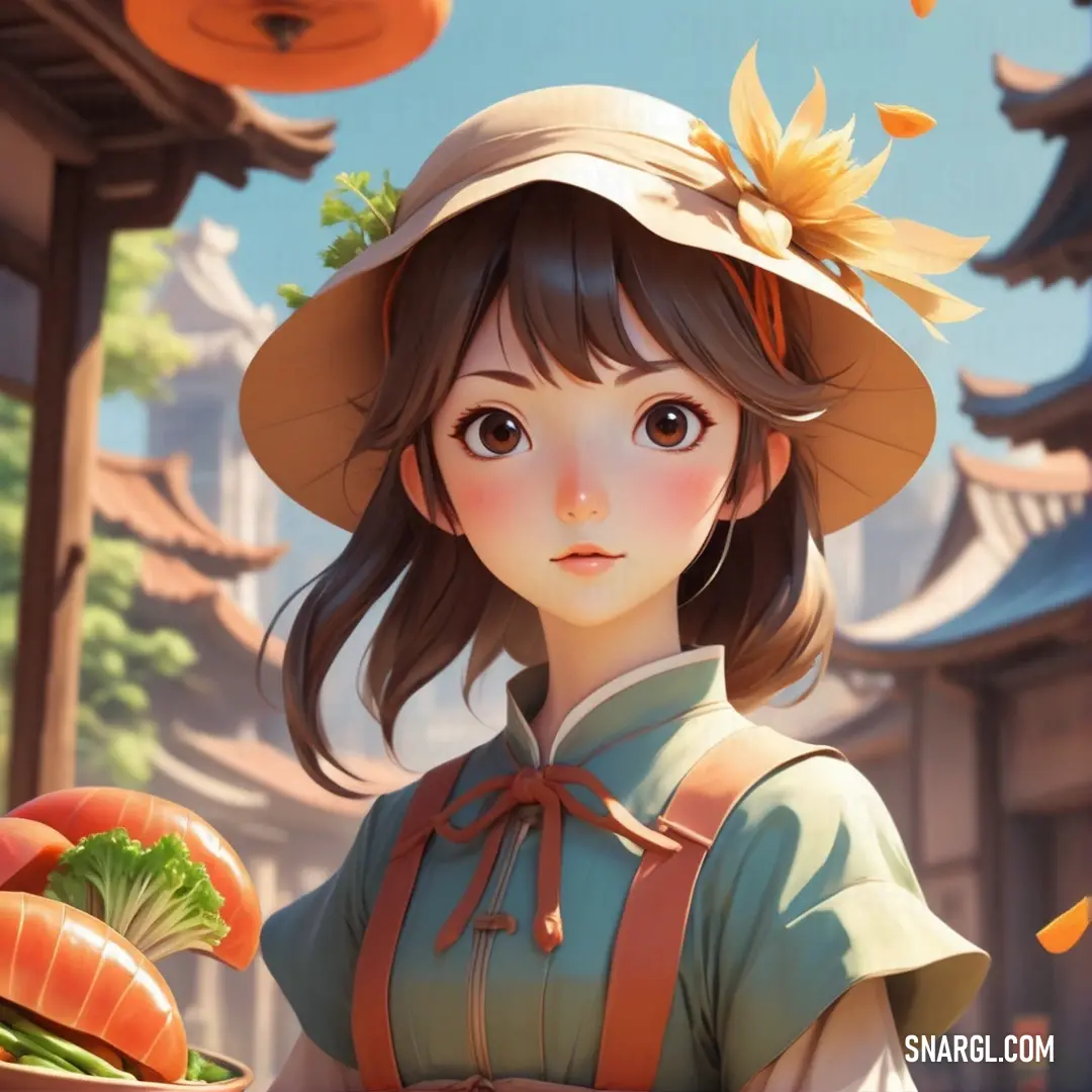 Girl in a hat and dress holding a basket of vegetables in front of a building with a sky background. Example of PANTONE 5487 color.