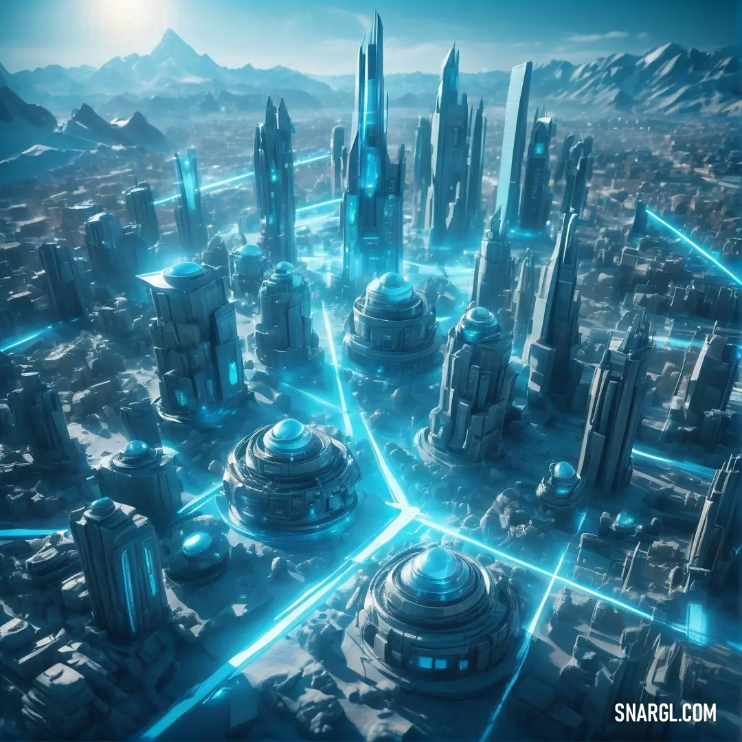 Futuristic city with a lot of tall buildings and a lot of lights on it's sides and a lot of blue lights on the sides