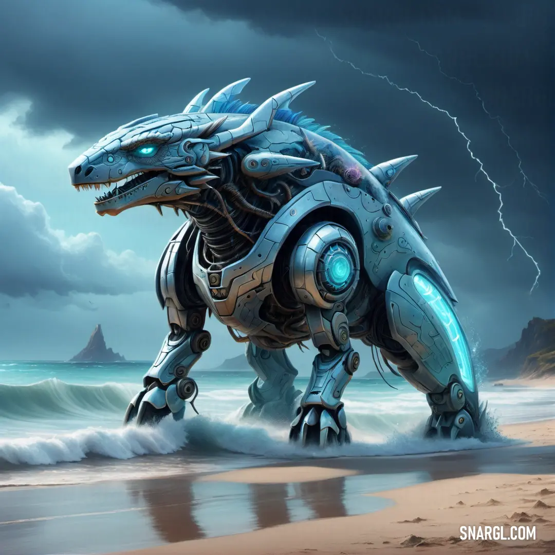 Large robot dog standing on top of a beach next to the ocean under a cloudy sky with lightning. Color CMYK 56,8,9,21.