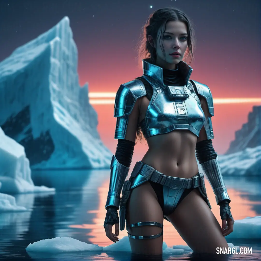 Woman in a futuristic suit standing in the water with icebergs in the background. Color PANTONE 549.