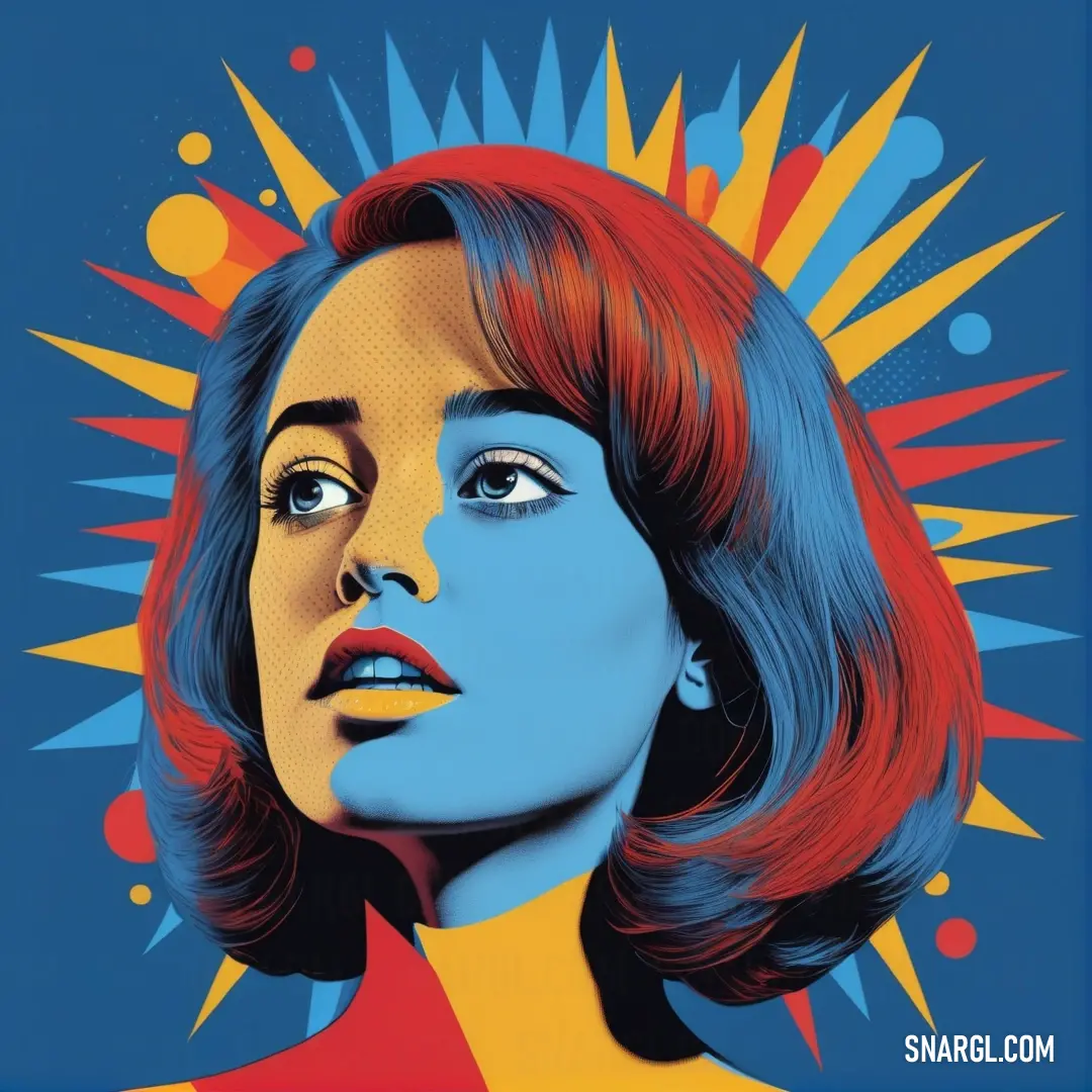 PANTONE 549 color. Woman with red hair and blue eyes is shown in a pop art style poster style photo with a blue background