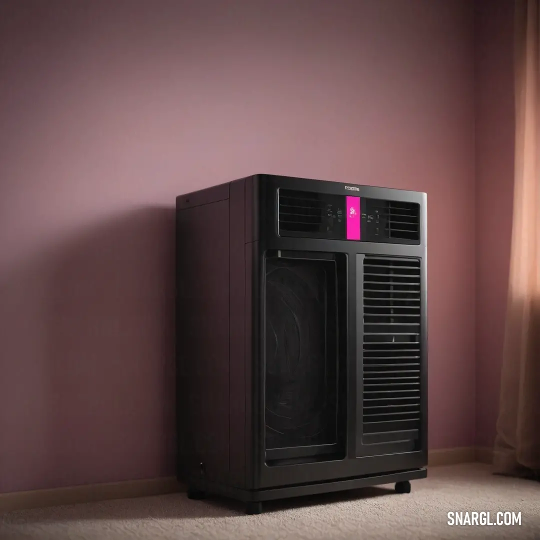 A striking black air conditioner contrasts beautifully against a carpeted floor, basking in the warm glow of a pink light, showcasing modern design aesthetics in a cozy interior environment with CMYK 38,9,23,32 colors.