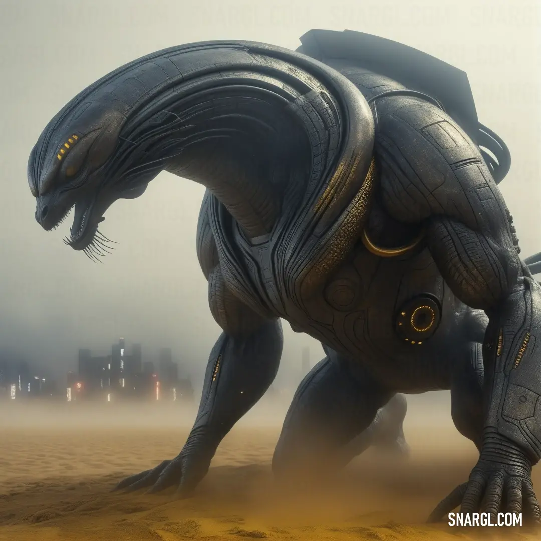 A giant, alien-like creature roams a desert landscape, with a futuristic city looming in the background. The creature, with its otherworldly presence, contrasts beautifully against the desert’s vastness and the city's mysterious skyline.