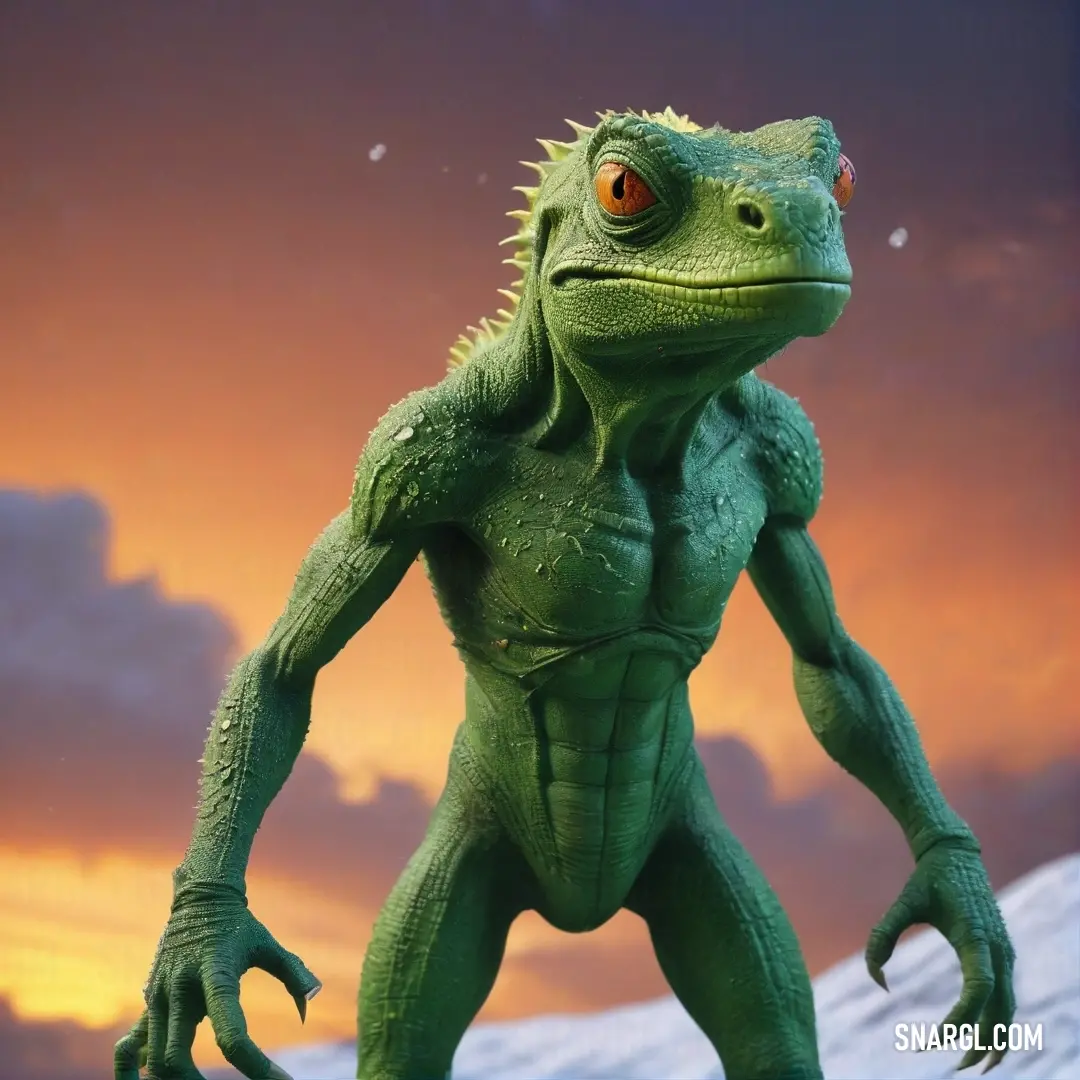 A captivating green creature, its orange eyes radiating wonder, stands firmly in a snow-covered landscape at dawn or dusk, the serene mountain backdrop enhancing its vibrant presence.