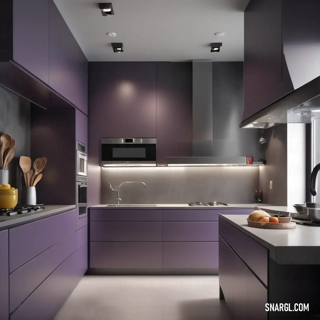 A modern kitchen with striking purple cabinets, where a yellow vase rests on a sleek countertop. The colors pop against the neutral tones of the room, creating a vibrant and stylish atmosphere.