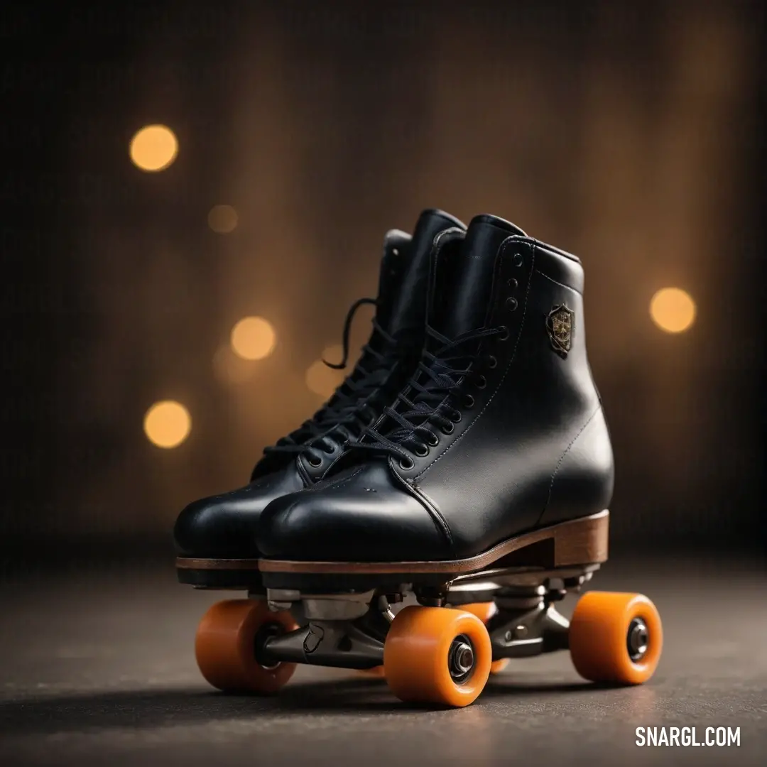 An eye-catching pair of sleek black roller skates with striking orange wheels stands out against a dark surface, illuminated by shimmering lights in the background. The contrast enhances the thrill of skating, showcasing the colors of RGB 133,158,155 bril