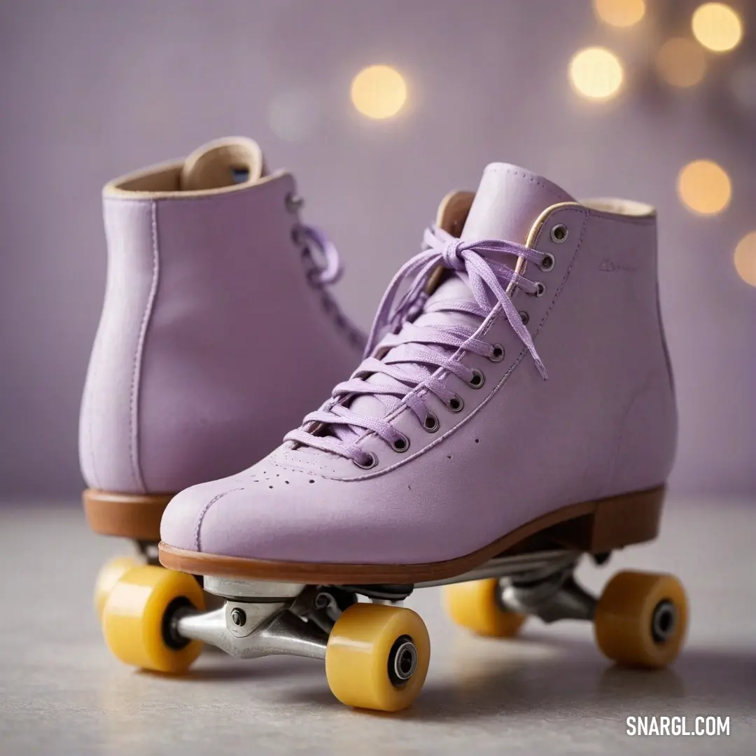 A pair of eye-catching purple roller skates with cheerful yellow wheels rests on a stylish table, illuminated by dreamy lights in the background, embodying a playful spirit while showcasing the unique CMYK 38,9,23,32 color palette.