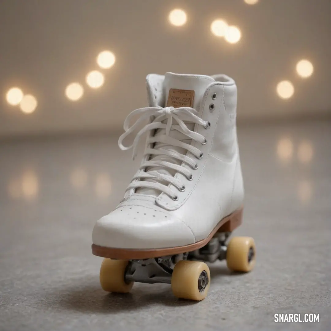 An elegant pair of white roller skates with pristine white laces gracefully rests on a soft gray surface. The ambient lights glow gently around them, capturing the soothing essence of PANTONE 5497 in a calming atmosphere.