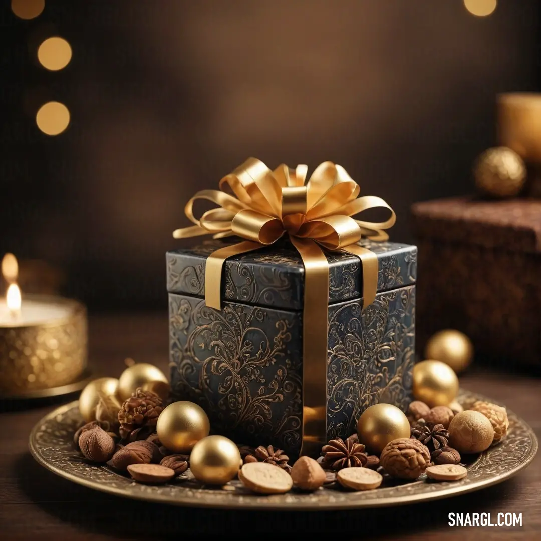 A beautifully wrapped gift box adorned with a golden bow rests elegantly on a plate filled with nuts, alongside a soft candlelight that dances in the background, showcasing the enchanting colors of CMYK 38,9,23,32.