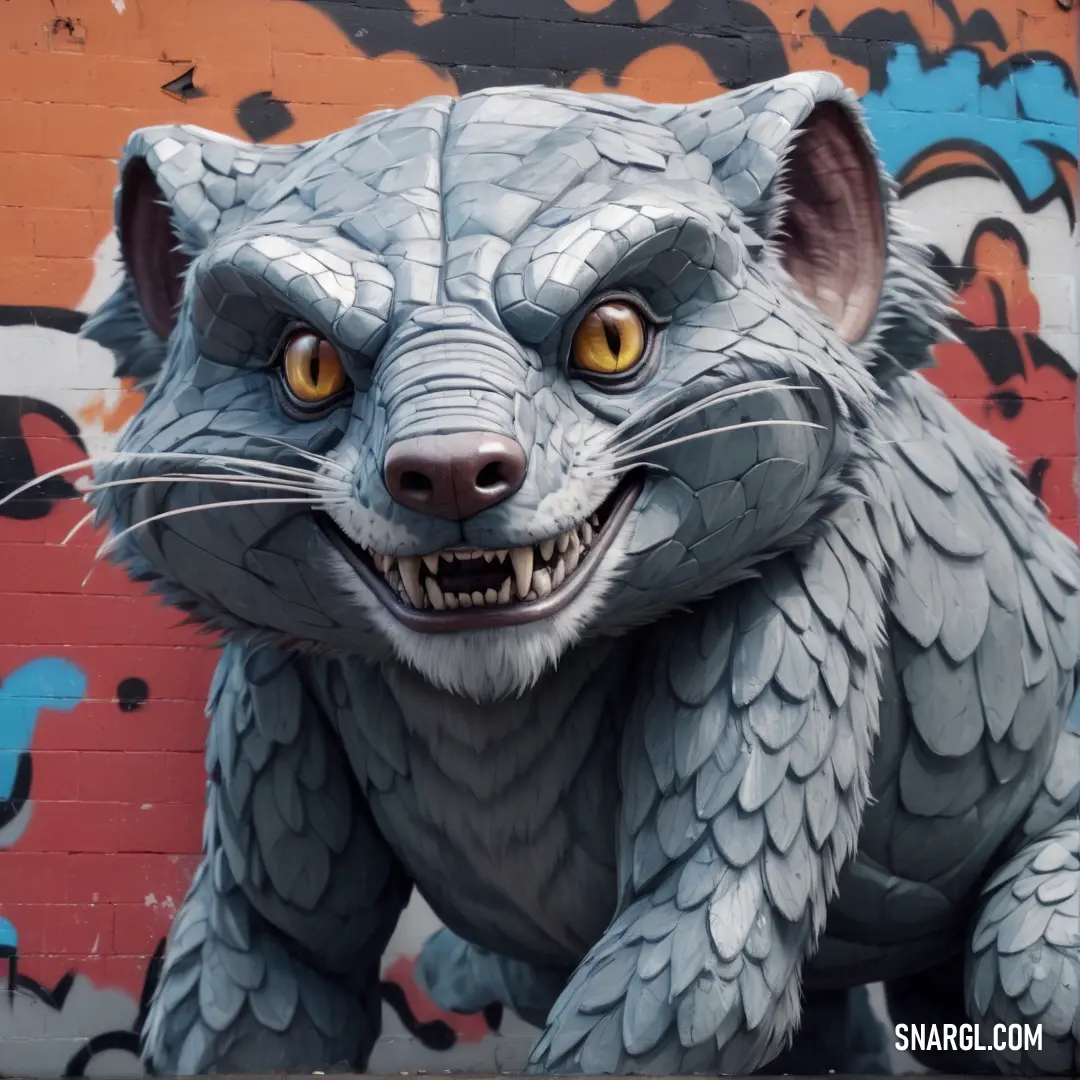 Large gray animal statue with yellow eyes and a big mouth on a wall with graffiti behind it and a brick wall. Color CMYK 38,9,23,32.