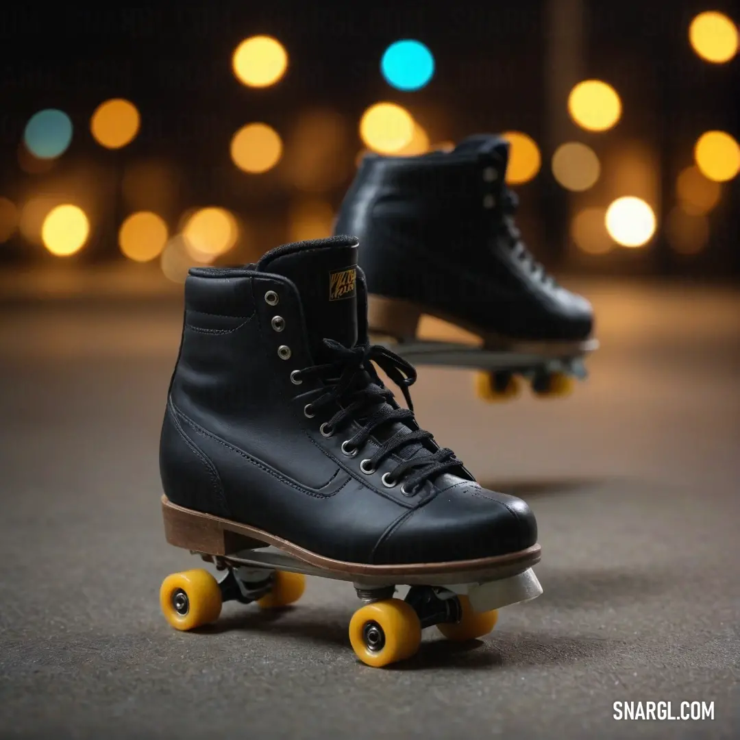 A pair of stylish roller skates with cheerful yellow wheels take center stage on a dark surface, enchanting lights dance around them, enhancing the vibrant color of #859E9B in a lively setting that inspires creativity and motion.