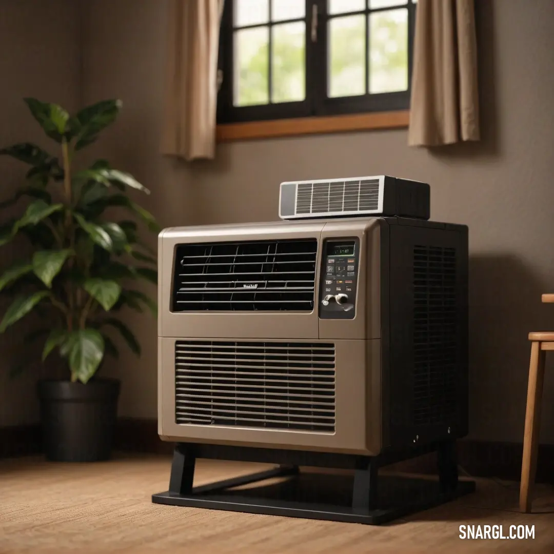 A small air conditioner sits on a wooden floor, bringing comfort to the room while a potted plant adds a touch of nature, creating a harmonious atmosphere enriched by the RGB 133,158,155 colors.