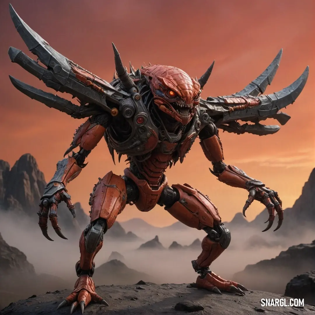 A formidable robot, accentuated by oversized claws and an intricate design, stands majestically on a rock formation with towering mountains in the backdrop, evoking an adventurous spirit.