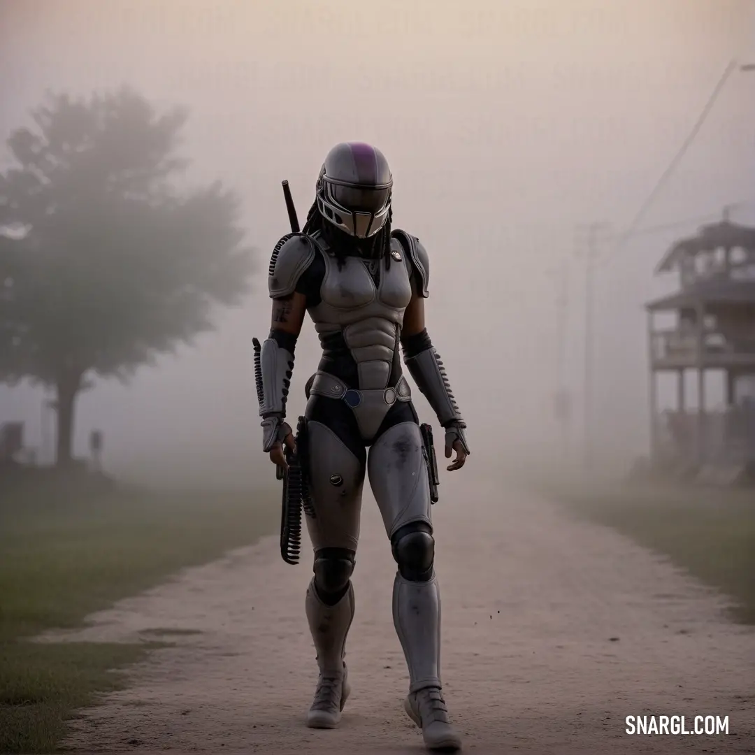 A woman in a sleek futuristic outfit strides down a deserted road shrouded in mist, gripping a gun confidently. The atmosphere is tense and mysterious, with muted tones creating a chilling, cinematic effect.