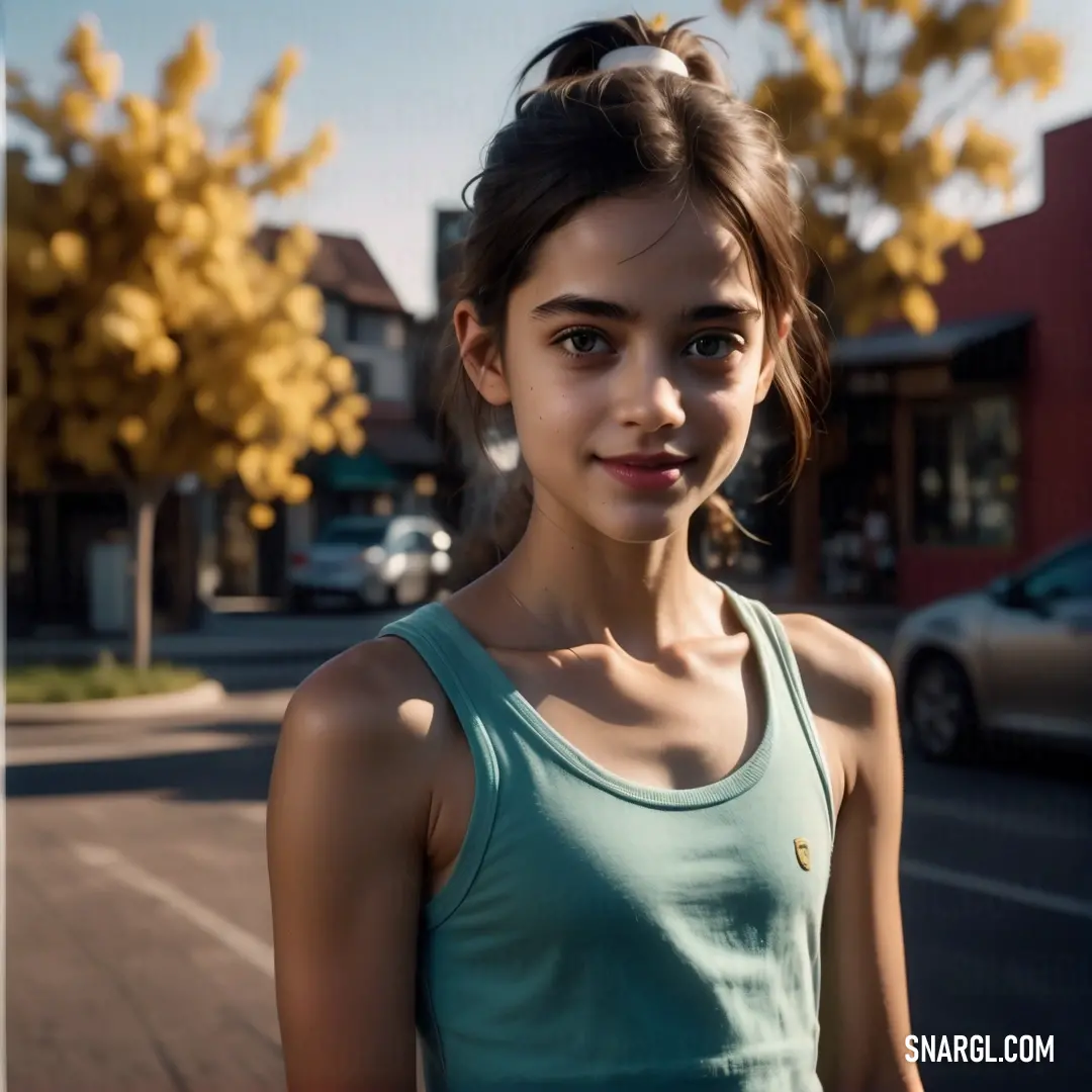 Girl in a green tank top standing on a street corner with a tree in the background. Color RGB 146,189,193.