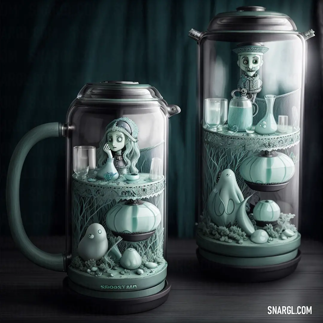 PANTONE 5507 color. Couple of glass mugs with a skeleton inside of them on a table next to a curtained window