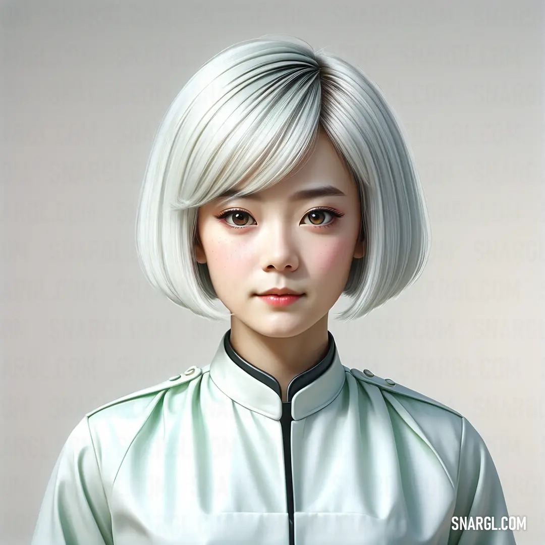 Woman with a white hair and a green shirt is shown in a digital painting style. Color PANTONE 5507.