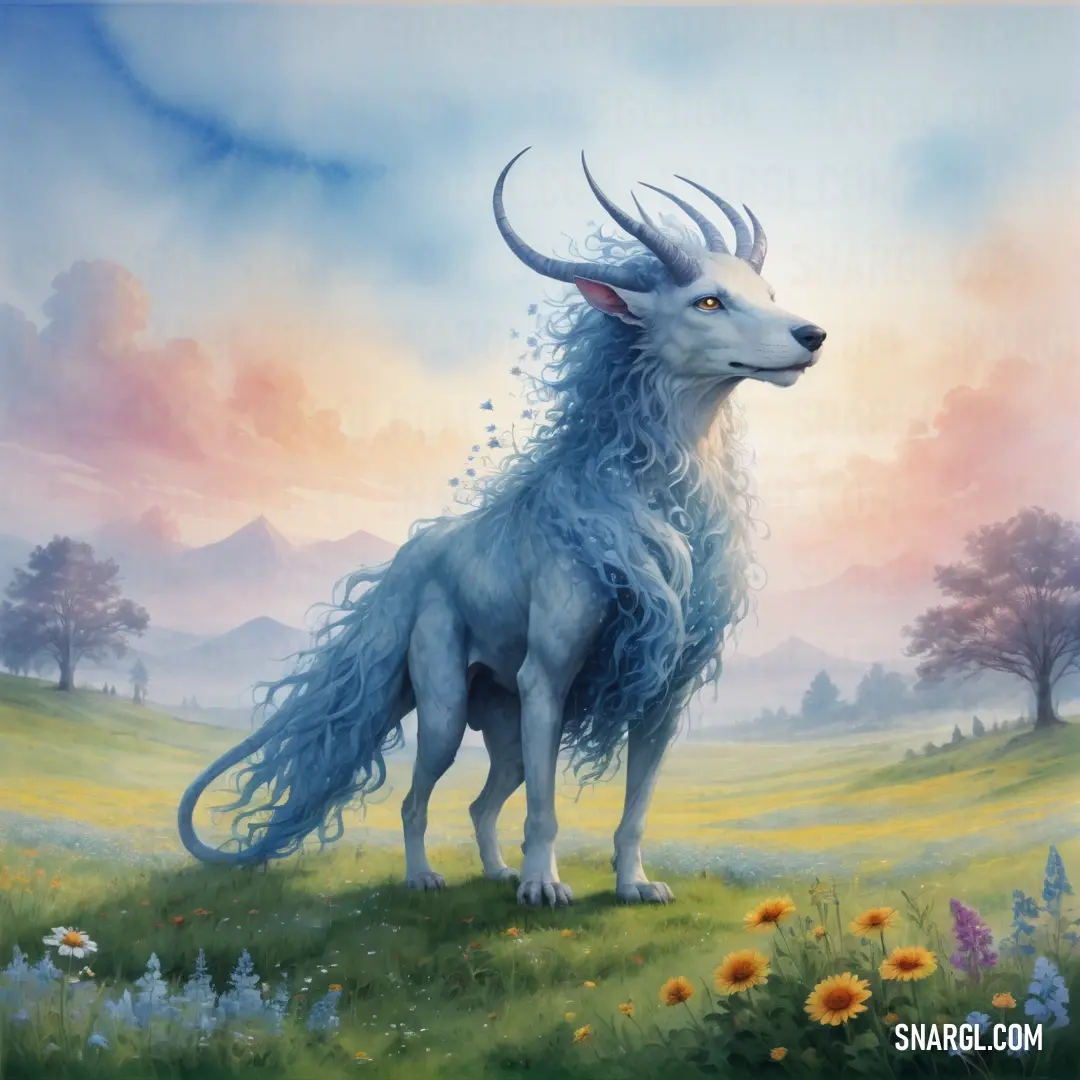 Painting of a white goat with long horns standing in a field of flowers and grass with a sky background. Color #9CC3D1.