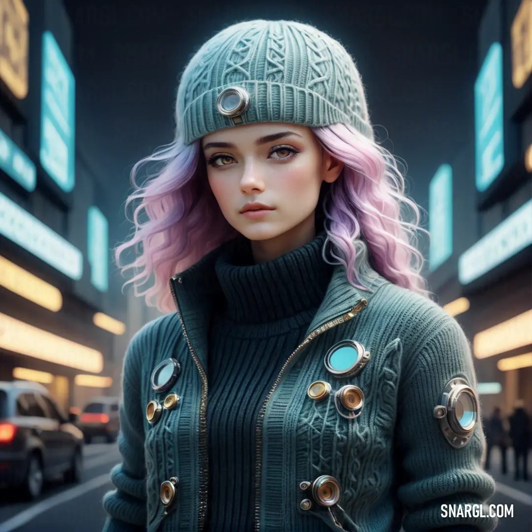 Woman with pink hair wearing a green jacket and a hat with buttons on it and a city street in the background. Example of RGB 172,205,209 color.