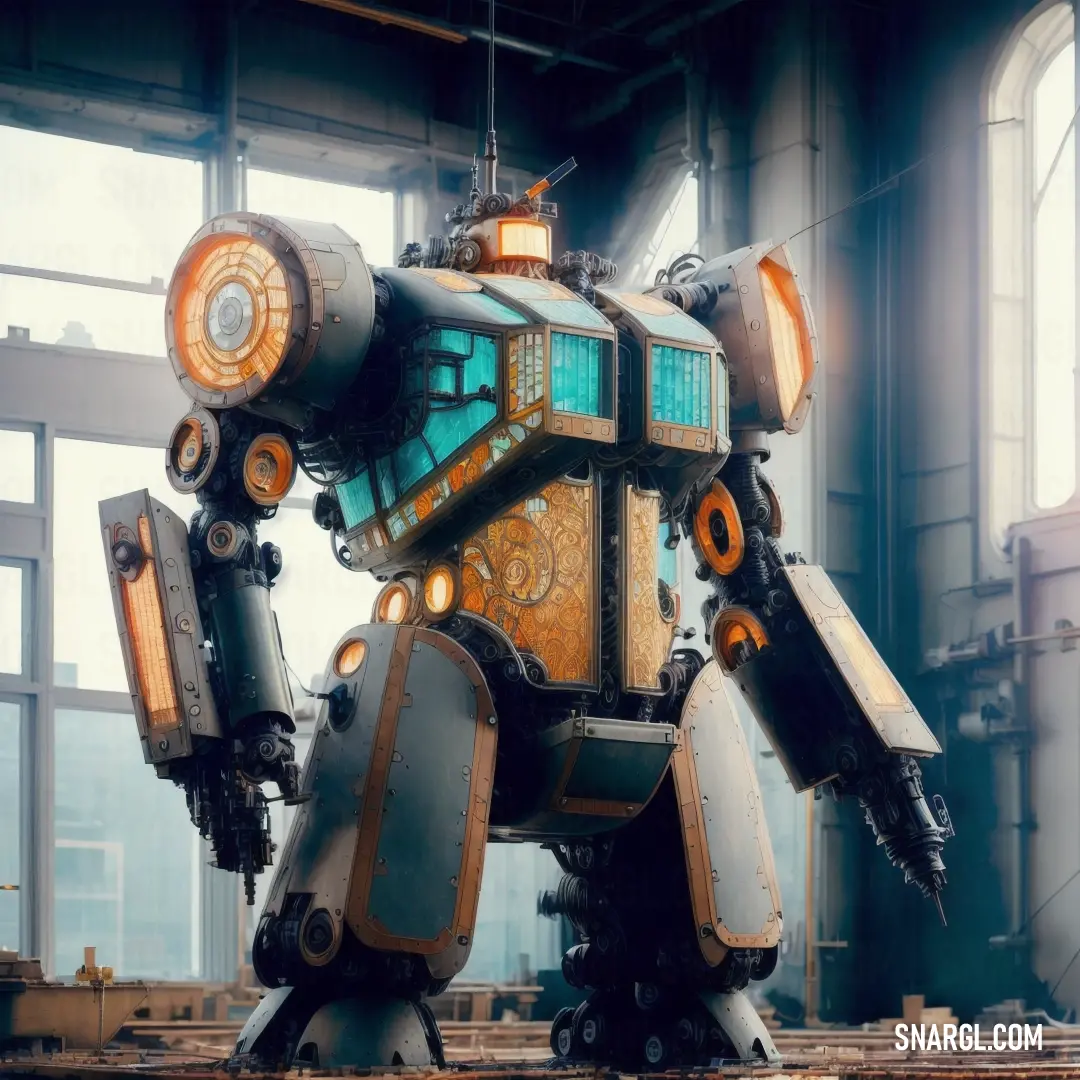 Large robot standing in a warehouse next to a window with lots of windows on it's sides. Example of CMYK 20,4,13,10 color.