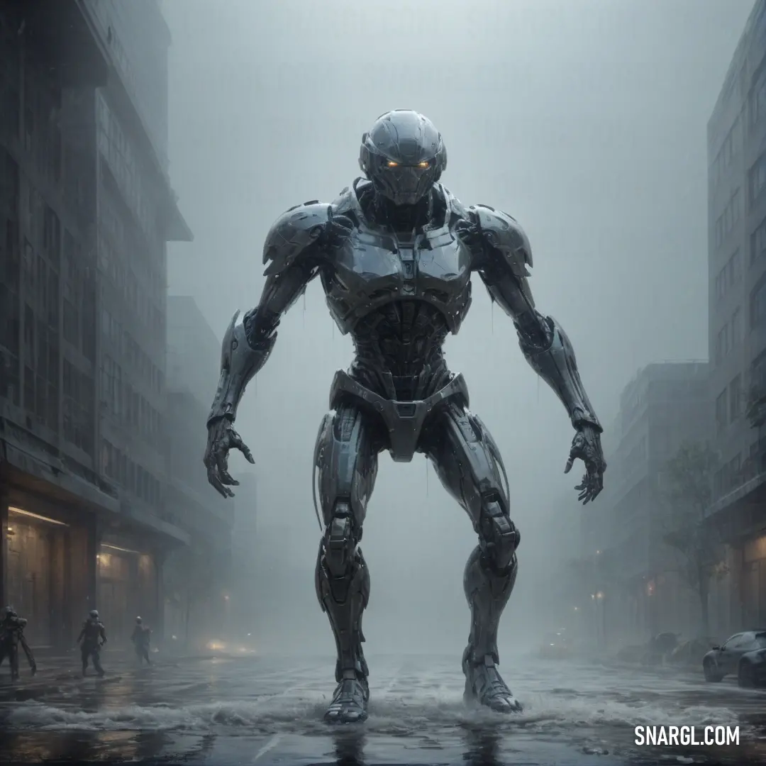 Robot standing in the middle of a city street in the rain with a man in the background. Example of CMYK 20,4,13,10 color.