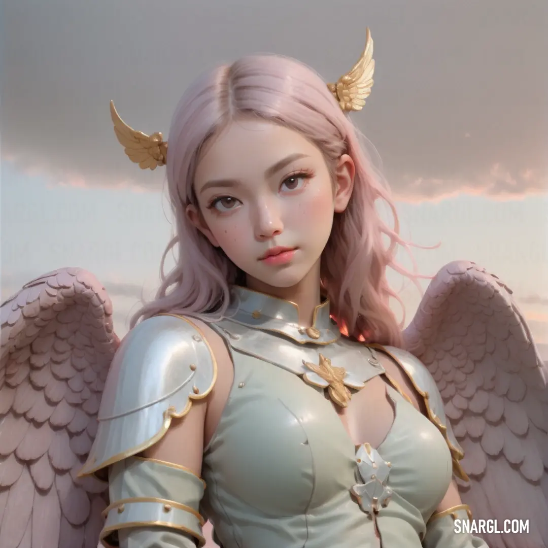 Woman with pink hair and wings standing in front of a cloudy sky with a halo and angel wings. Example of RGB 187,201,196 color.