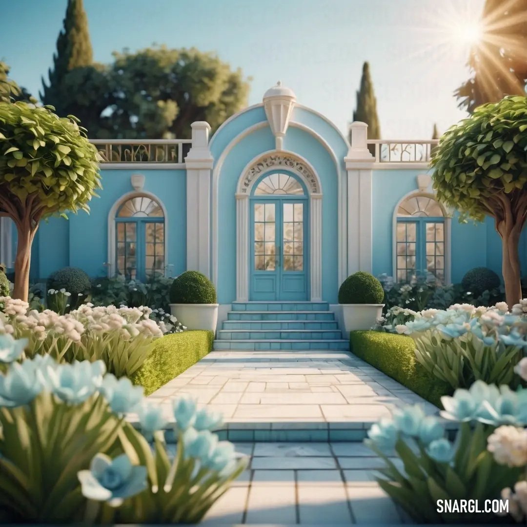 Blue house with a blue door and a white walkway leading to it and a garden with flowers and bushes. Example of RGB 191,213,221 color.