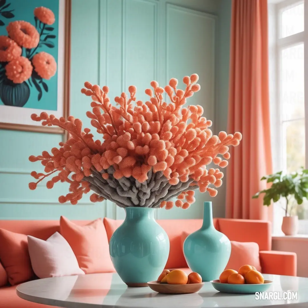 Vase with flowers and fruit on a table in a room with orange chairs and a blue couch with a painting on the wall