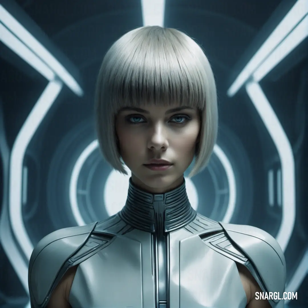Woman with a short bob cut and a futuristic outfit with a futuristic background. Example of #CBD5CF color.