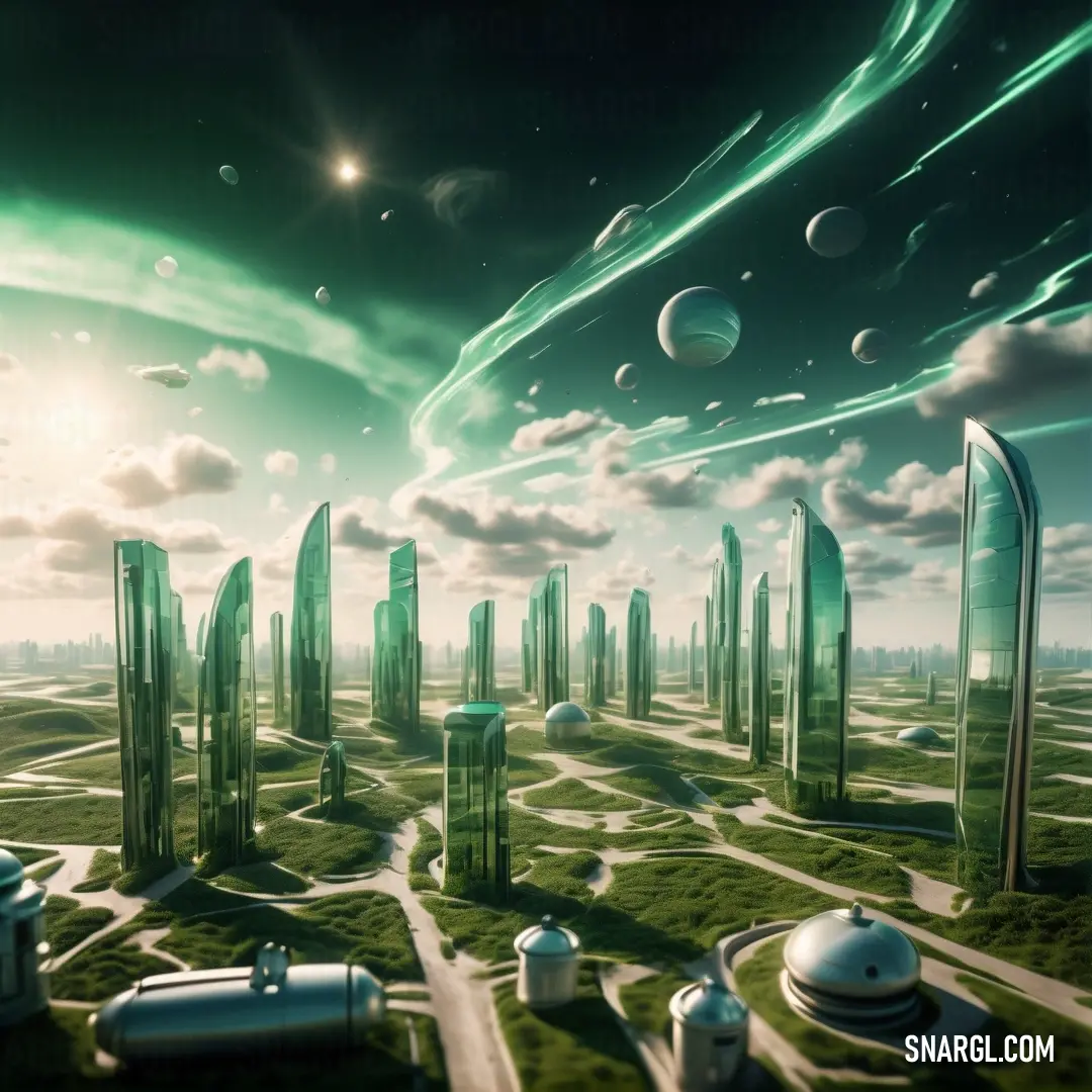 Futuristic city with a lot of green buildings and a lot of clouds in the sky above it and a lot of green grass