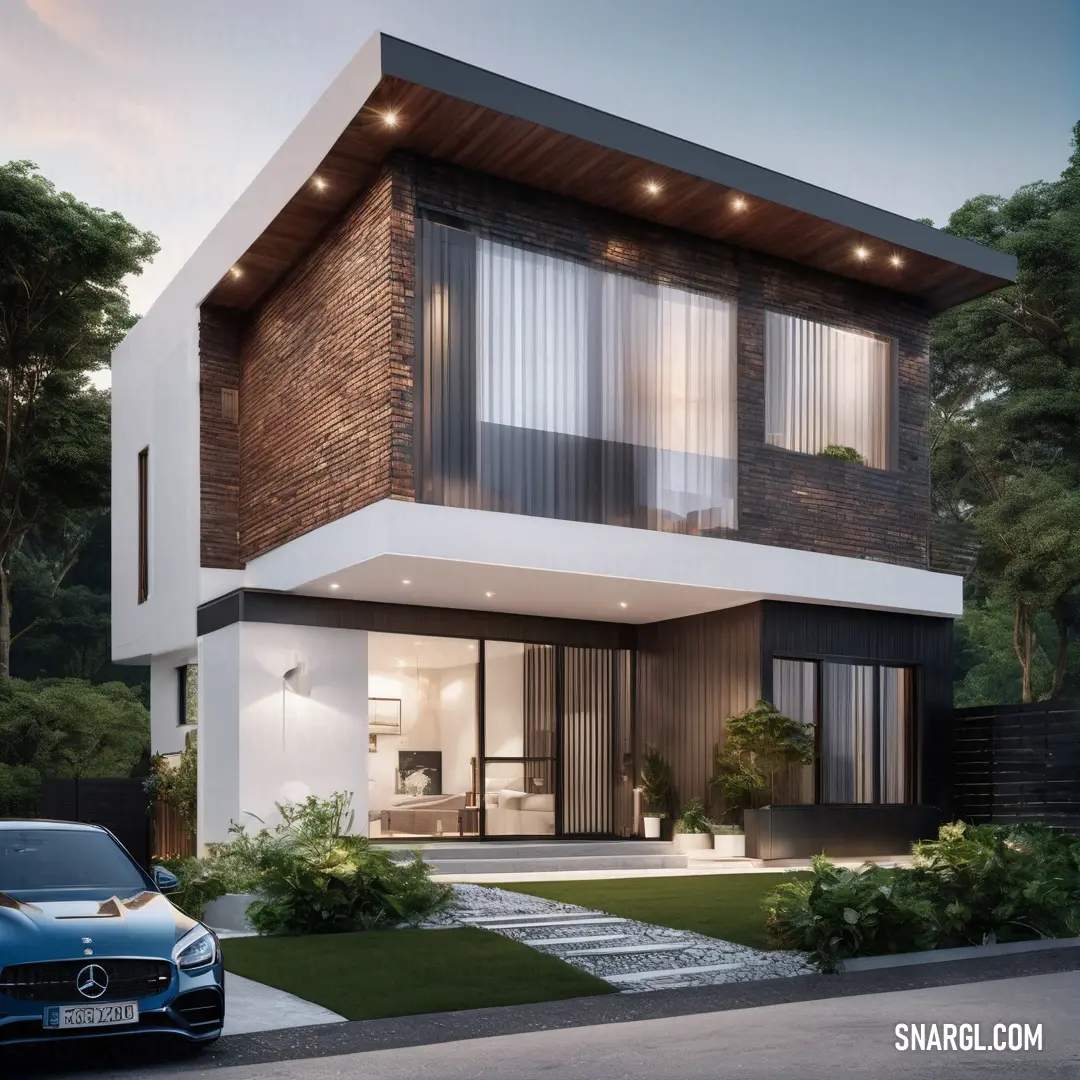 Modern house with a car parked in front of it. Color CMYK 79,34,62,84.