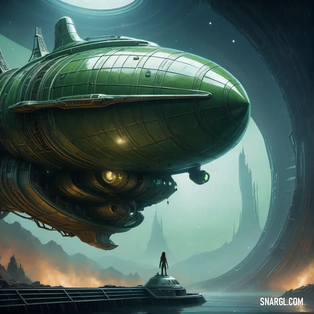 Man standing on a platform in front of a green ship in a futuristic city with a giant moon. Example of PANTONE 5535 color.