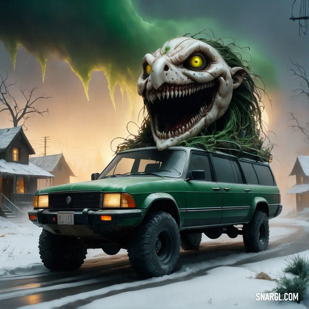 Monster head is on top of a green car in a snowy area with houses and trees in the background. Example of CMYK 84,22,77,60 color.