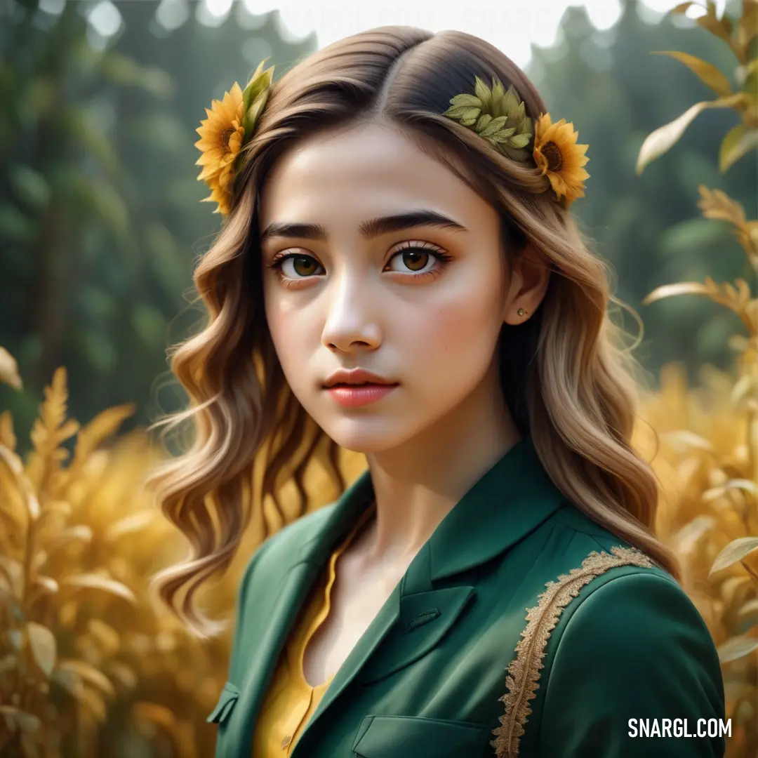 #336447 color. Painting of a girl with a sunflower in her hair and a green shirt on