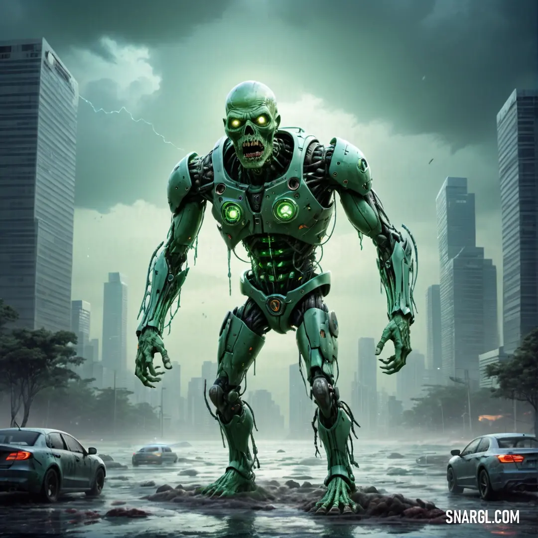 Green robot standing in a city street with cars around it and a city in the background. Example of CMYK 62,19,45,50 color.