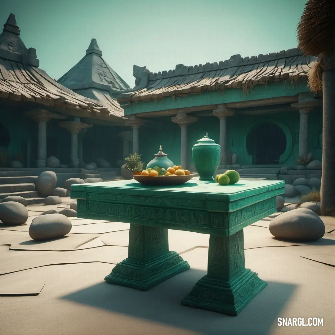 Green table with a bowl of fruit on it in a courtyard with stone steps and a building in the background. Color CMYK 62,19,45,50.
