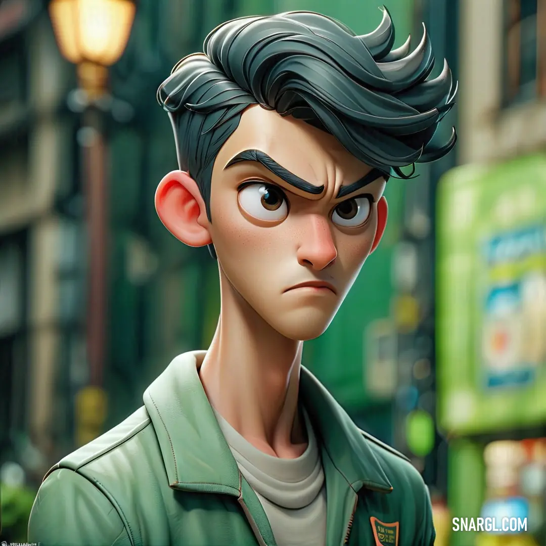Cartoon character with a serious look on his face and a green jacket on a city street corner with a lamp post in the background