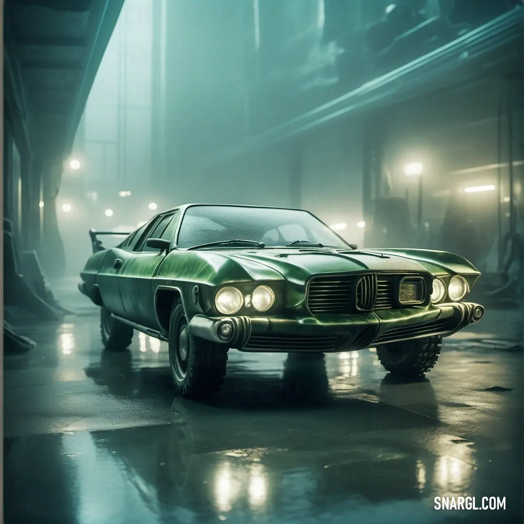 PANTONE 555 color example: Green car parked in a dark street at night with fog on the ground and lights on the headlights