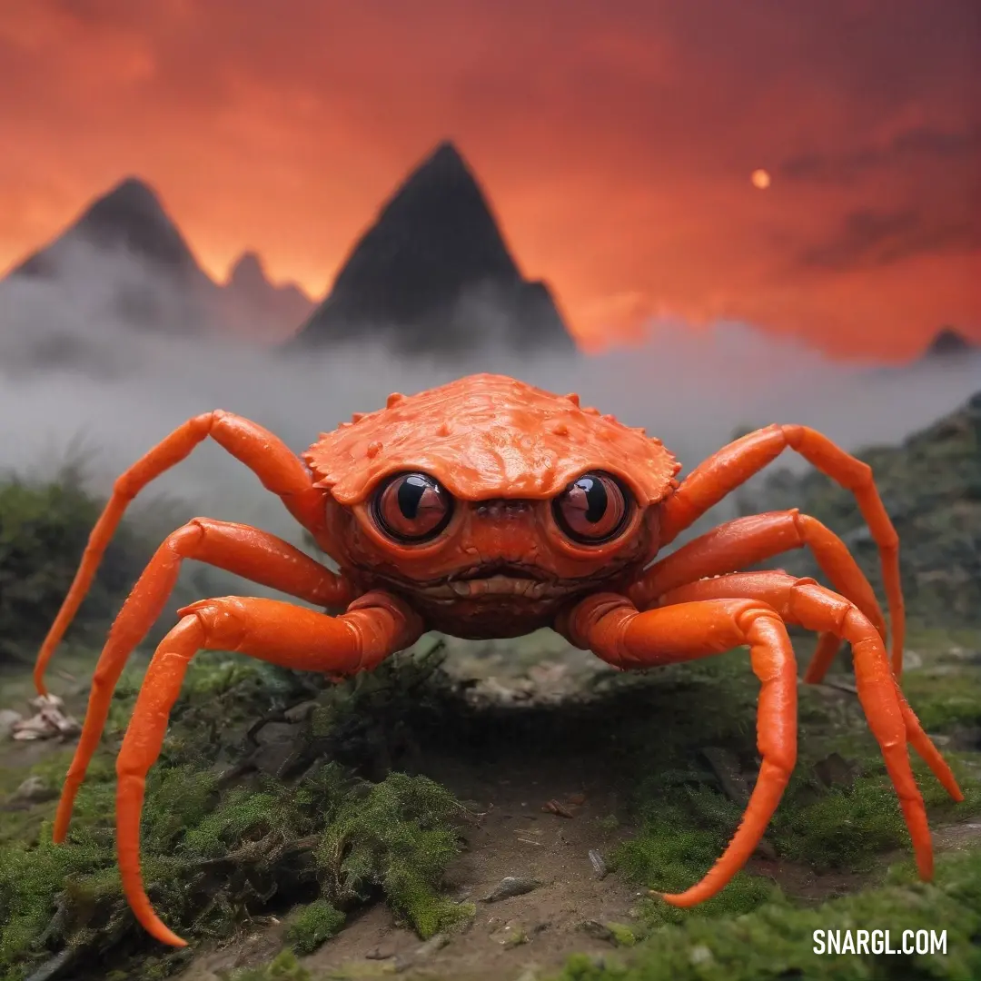 A striking crab with oversized eyes perched atop a rugged rock, surrounded by lush greenery and majestic mountains peeking through a dreamy blue sky. The vibrant hues reflect CMYK 51,12,39,37 color palette, showcasing nature's beauty.