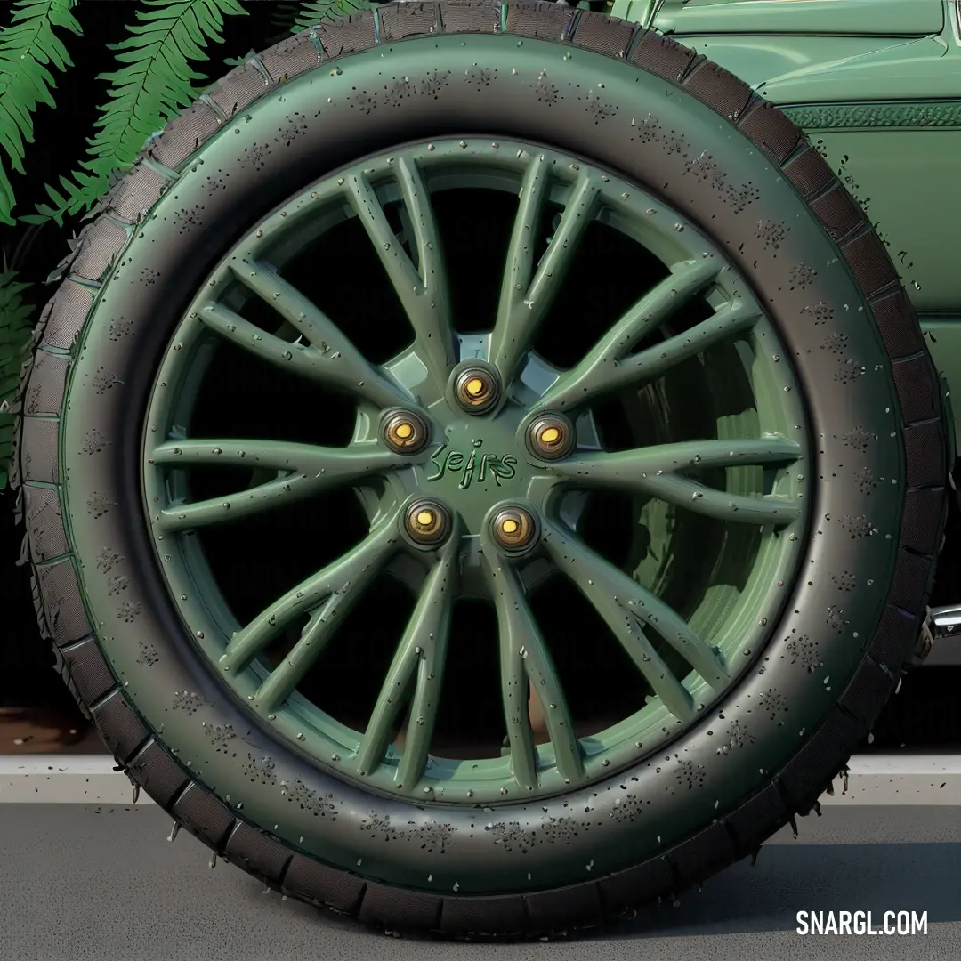 Green car with gold studs and a tire on the side of it's wheel rims. Example of RGB 108,138,120 color.