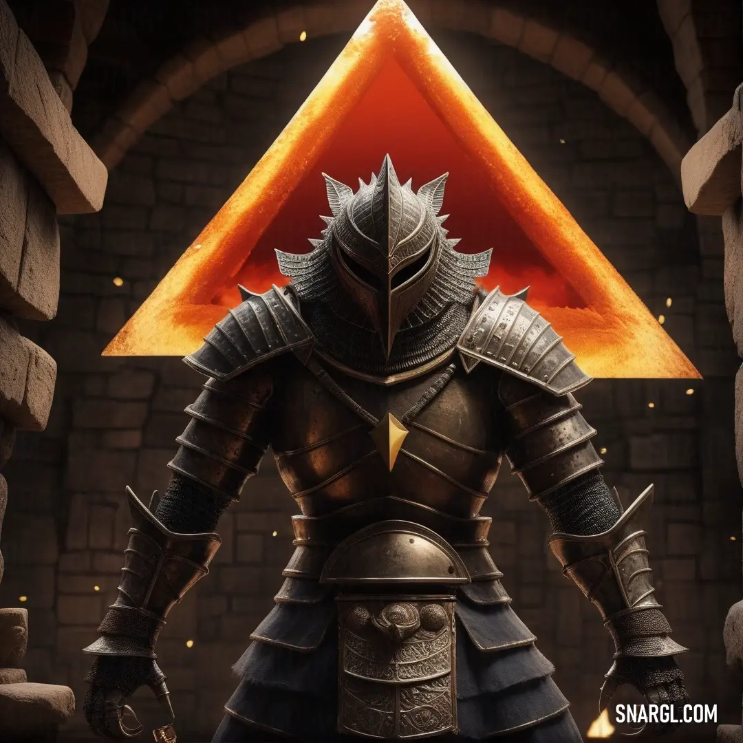 A brave knight stands resolutely in front of an ancient pyramid, gripping his sword tightly, with a mystical glowing triangle illuminating the scene behind him, shrouded in an air of adventure and mystery.