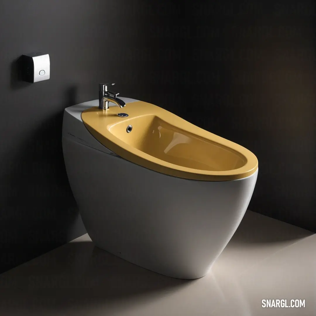 A contemporary bathroom scene featuring a modern toilet with a vibrant yellow rim. The backdrop is a sleek black wall that adds a touch of sophistication, complemented by a stylish white sink and faucet arrangement.