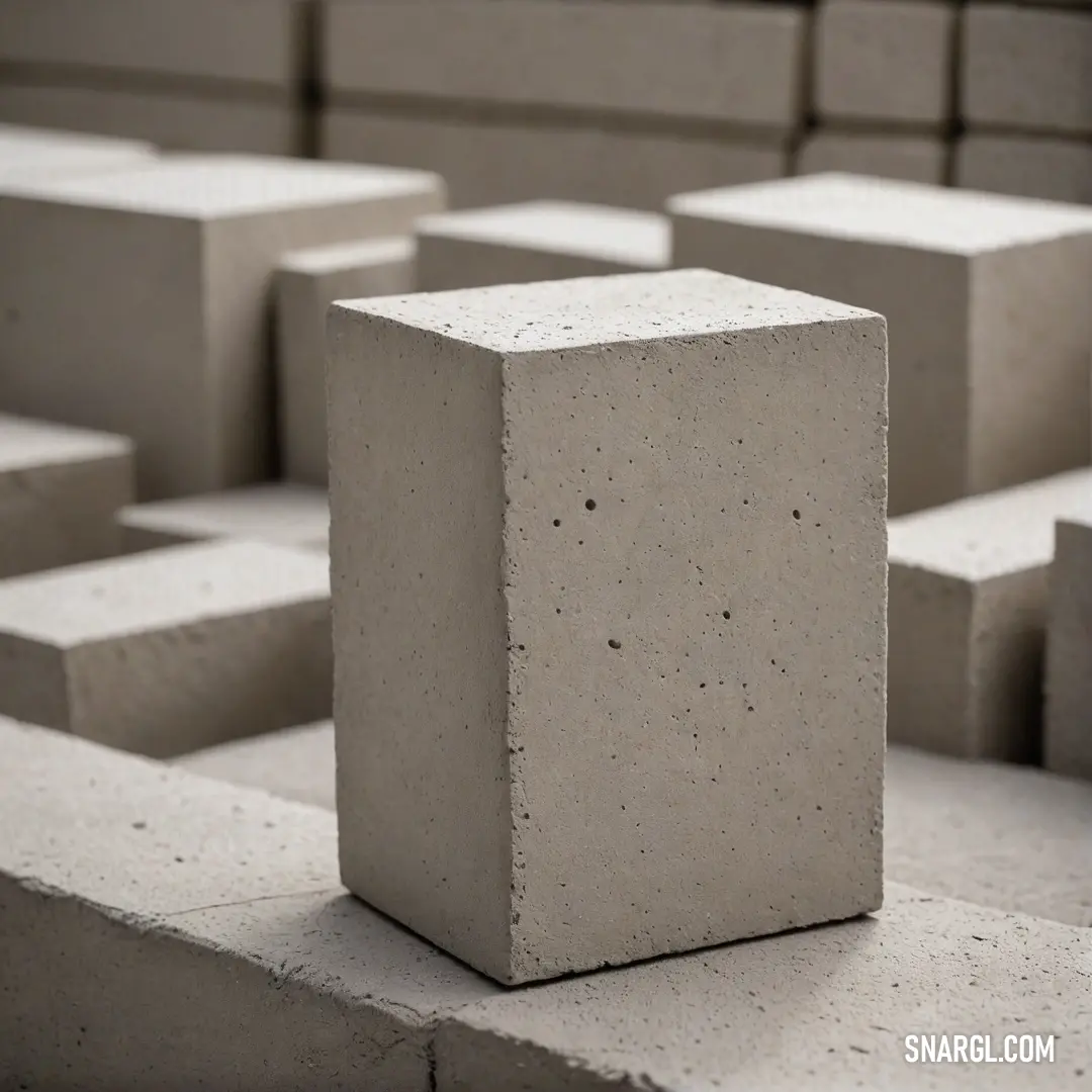 A solitary block of concrete rests upon a cement floor, contrasted against a meticulously arranged wall of aligned blocks. This composition exemplifies the rich tones of PANTONE 5555, merging urban style with industrial charm.